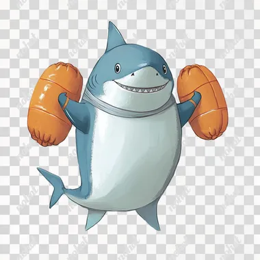Cartoon shark standing up on two feet wearing two inflatebal swim arm floaties on around two of his arm fins.