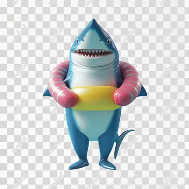 Cartoon shark standing up on two feet wearing two inflatebal swim arm floaties on around two of his arm fins.