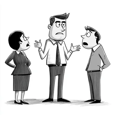 cartoon illustration of a director talking to a group of employees who looks like they don't understand. Black and white colours
