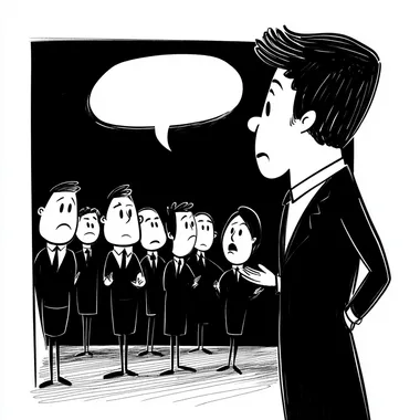 cartoon illustration of a director talking to a group of employees who looks like they don't understand. Black and white colours