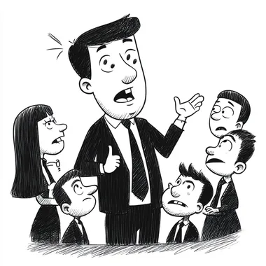 cartoon illustration of a director talking to a group of employees who looks like they don't understand. Black and white colours