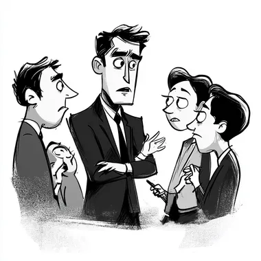 cartoon illustration of a director talking to a group of employees who looks like they don't understand. Black and white colours