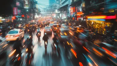 Bikers weaving through heavy traffic on a bustling city street, motion blur adding chaos and intensity