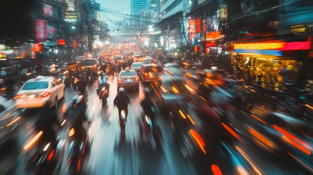 Bikers Weaving Through Heavy Traffic on a Bustling City Street