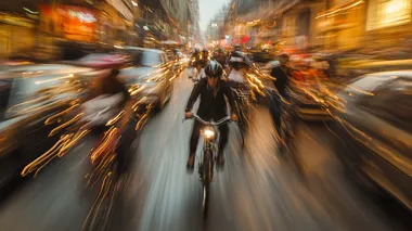 Bikers weaving through heavy traffic on a bustling city street, motion blur adding chaos and intensity