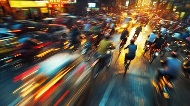 Bikers weaving through heavy traffic on a bustling city street, motion blur adding chaos and intensity