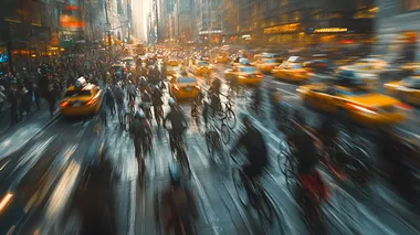Bikers weaving through heavy traffic on a bustling city street, motion blur adding chaos and intensity