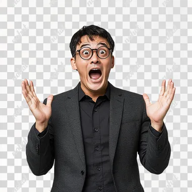 a man wearing a gray suit and a black shirt, short black hair, round black-framed glasses, standing against a plain white background, captured mid-shout with his mouth wide open and both hands raised in a surprised, comical gesture realistic photography, full body shot, front-facing, high resolution