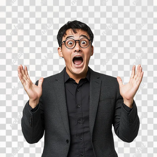 PNG Surprised man in gray suit and glasses shouting in urban setting