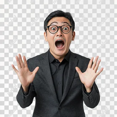 a man wearing a gray suit and a black shirt, short black hair, round black-framed glasses, standing against a plain white background, captured mid-shout with his mouth wide open and both hands raised in a surprised, comical gesture realistic photography, full body shot, front-facing, high resolution
