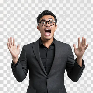 a man wearing a gray suit and a black shirt, short black hair, round black-framed glasses, standing against a plain white background, captured mid-shout with his mouth wide open and both hands raised in a surprised, comical gesture realistic photography, full body shot, front-facing, high resolution