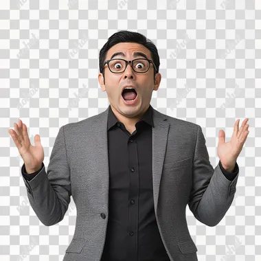 a man wearing a gray suit and a black shirt, short black hair, round black-framed glasses, standing against a plain white background, captured mid-shout with his mouth wide open and both hands raised in a surprised, comical gesture realistic photography, full body shot, front-facing, high resolution