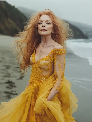 2020s National Geographic, intricate facial beauty, awe inspiringly pretty face, 16k 61 mm large format color, half-turn portrait photography, extreme low angle shot from the ground, a beautiful very pretty fearless enticing delicious joyful playful generous confident intentional healthy youthful middle aged opulent Irish Goddess, in her 50s with peppered strawberry blonde hair showing her beautiful perfect bodacious figure in elegant luxurious flowing light colorful summer gown, Classic Sheer Embroidered Mesh Overpiece by Oscar de la Renta, relaxed, subtle smile, walking on the beach natural bountiful womanly beauty, all natural warm love aesthetic, detailed facial features, Rembrandt lighting, golden hour, artful shadows
