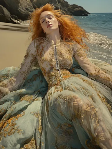 2020s National Geographic, intricate facial beauty, awe inspiringly pretty face, 16k 61 mm large format color, half-turn portrait photography, extreme low angle shot from the ground, a beautiful very pretty fearless enticing delicious joyful playful generous confident intentional healthy youthful middle aged opulent Irish Goddess, in her 50s with peppered strawberry blonde hair showing her beautiful perfect bodacious figure in elegant luxurious flowing light colorful summer gown, Classic Sheer Embroidered Mesh Overpiece by Oscar de la Renta, relaxed, subtle smile, walking on the beach natural bountiful womanly beauty, all natural warm love aesthetic, detailed facial features, Rembrandt lighting, golden hour, artful shadows