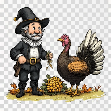 a cartoon illustration of a Thanksgiving Turkey standing next to a traditional colonial Pilgrim, the Pilgrim is wearing the traditional black outfit with a white shirt, pants to the knees, black stockings, and black shoes, a belt buckle and hat the pilgrin is holding an ear of corn in his hand, contour, plain white background --s 250