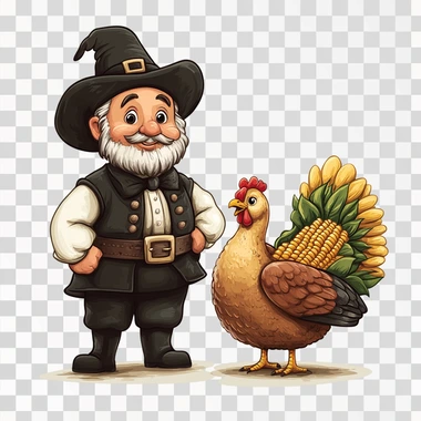 a cartoon illustration of a Thanksgiving Turkey standing next to a traditional colonial Pilgrim, the Pilgrim is wearing the traditional black outfit with a white shirt, pants to the knees, black stockings, and black shoes, a belt buckle and hat the pilgrin is holding an ear of corn in his hand, contour, plain white background --s 250