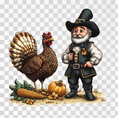 a cartoon illustration of a Thanksgiving Turkey standing next to a traditional colonial Pilgrim, the Pilgrim is wearing the traditional black outfit with a white shirt, pants to the knees, black stockings, and black shoes, a belt buckle and hat the pilgrin is holding an ear of corn in his hand, contour, plain white background --s 250