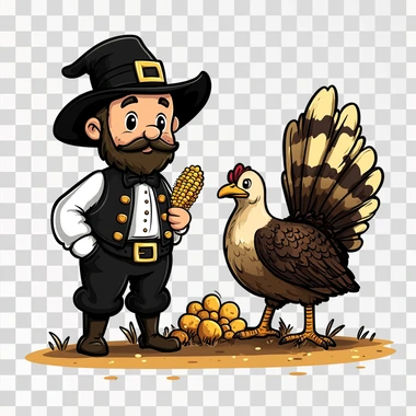 a cartoon illustration of a Thanksgiving Turkey standing next to a traditional colonial Pilgrim, the Pilgrim is wearing the traditional black outfit with a white shirt, pants to the knees, black stockings, and black shoes, a belt buckle and hat the pilgrin is holding an ear of corn in his hand, contour, plain white background --s 250
