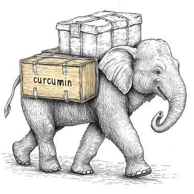 thick line art black and white of elephant carrying package goods with "curcumin" written on wooden box