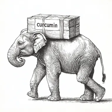 thick line art black and white of elephant carrying package goods with "curcumin" written on wooden box