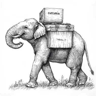 thick line art black and white of elephant carrying package goods with "curcumin" written on wooden box