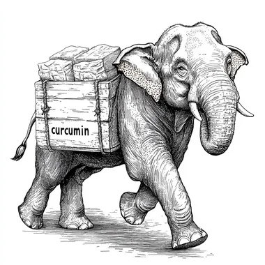 thick line art black and white of elephant carrying package goods with "curcumin" written on wooden box