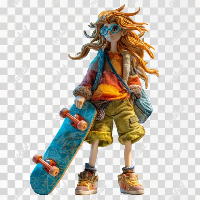 PNG Dynamic Long-Haired Boy Skateboarder Resin Toy