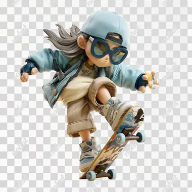 Blind box IP image, high transparency resin toy, boy, high street style, holding skateboard in hand, shorts, clothing with distinct saturation on the upper body, long haired boy, strong momentum, exaggerated movements, vivid expressions--ar3:4, 8K HD, best picture quality--v7