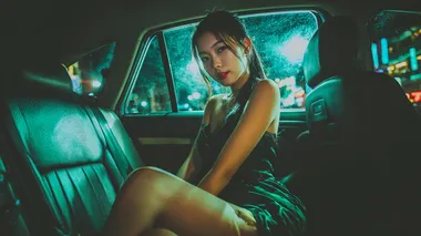 Beautiful Chinese girl with modern fashion sitting in a brightly lit car, modern car interior. Girl wearing short skirt. Dark outside