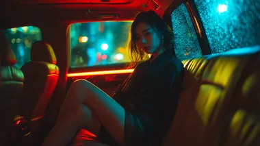 Beautiful Chinese girl with modern fashion sitting in a brightly lit car, modern car interior. Girl wearing short skirt. Dark outside