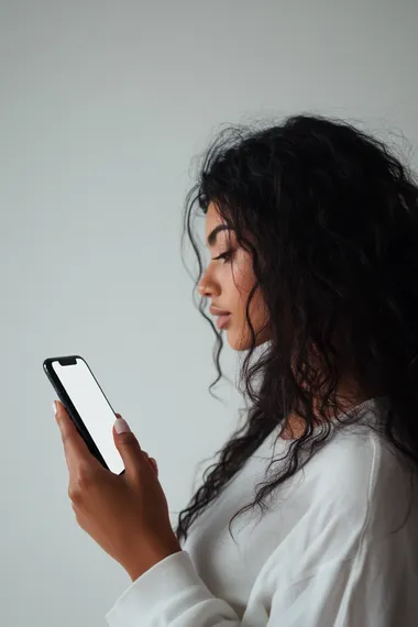 A woman holding an iPhone with a white screen, in the mockup style. The background is pure white and the focus of attention is on her hand holding up the phone. She has dark hair and appears to be in a profile view. Her fingers appear poised over the button that blends into the black frame of the phone, which she holds against a clean white backdrop. There is no visible text or other elements inside the smartphone display, highlighting its blank space for custom content or advertising copy. It is an ultra-realistic photograph captured at high resolution 32k.