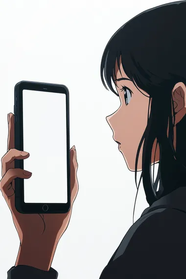 A woman holding an iPhone with a white screen, in the mockup style. The background is pure white and the focus of attention is on her hand holding up the phone. She has dark hair and appears to be in a profile view. Her fingers appear poised over the button that blends into the black frame of the phone, which she holds against a clean white backdrop. There is no visible text or other elements inside the smartphone display, highlighting its blank space for custom content or advertising copy. It is an ultra-realistic photograph captured at high resolution 32k.
