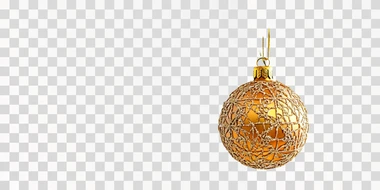 a beautiful magnificent golden decorated Christmas tree ball hanging on a magnificent vibrant green fir branch, isolated over white background