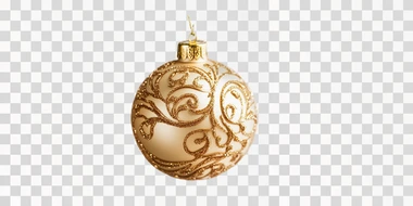 a beautiful magnificent golden decorated Christmas tree ball hanging on a magnificent vibrant green fir branch, isolated over white background
