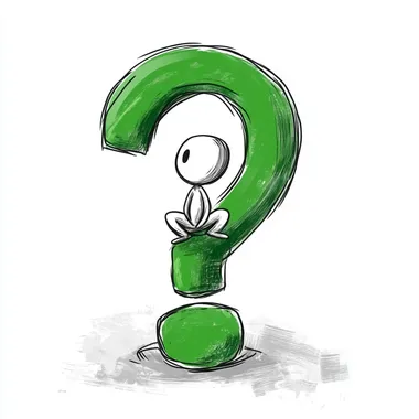 a cartoon stick person sitting on a green question mark in the thinking pose, the background is white