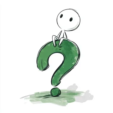 a cartoon stick person sitting on a green question mark in the thinking pose, the background is white