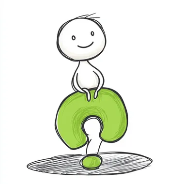 a cartoon stick person sitting on a green question mark in the thinking pose, the background is white