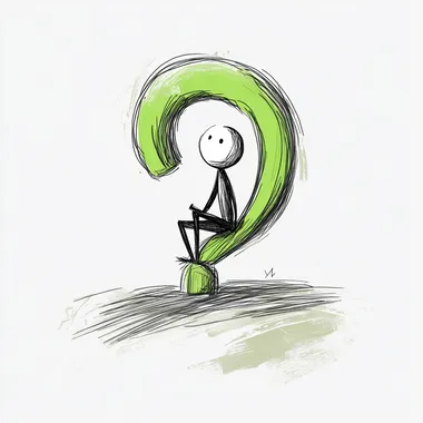 a cartoon stick person sitting on a green question mark in the thinking pose, the background is white