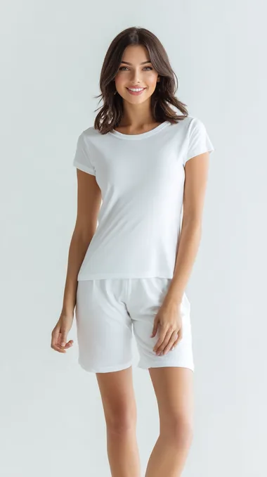 Front shot of slim woman model wearing premium soft cotton pajamas, short sleeved top, extremely comfortable fit, knee length shorts, simple white background, clean studio lighting, fashion product showcase style   --raw