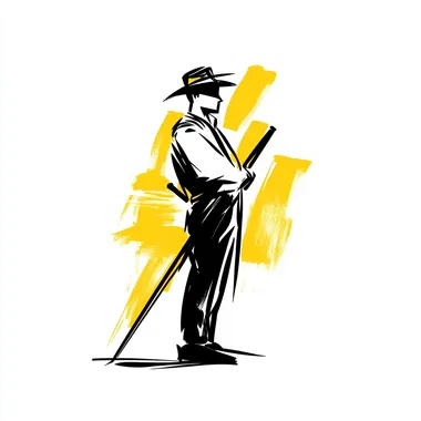 A simple sketch drawing of a chimney sweep, black lines on white background with yellow accents, minimalist, clean lines, 2D design