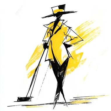 A simple sketch drawing of a chimney sweep, black lines on white background with yellow accents, minimalist, clean lines, 2D design