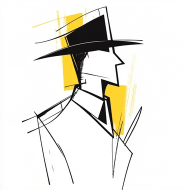 A simple sketch drawing of a chimney sweep, black lines on white background with yellow accents, minimalist, clean lines, 2D design