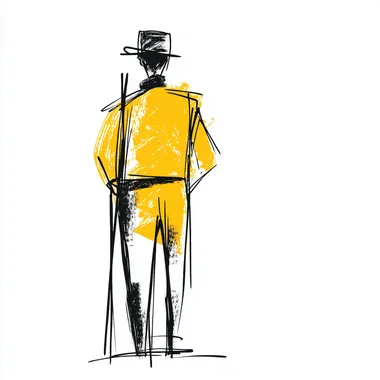 A simple sketch drawing of a chimney sweep, black lines on white background with yellow accents, minimalist, clean lines, 2D design