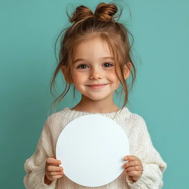 a five-year-old girl with a messy bun holds a big white paper circle in his hands in front of him and smiling, studio shot, mint background --s 250