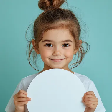 a five-year-old girl with a messy bun holds a big white paper circle in his hands in front of him and smiling, studio shot, mint background --s 250