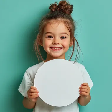 a five-year-old girl with a messy bun holds a big white paper circle in his hands in front of him and smiling, studio shot, mint background --s 250