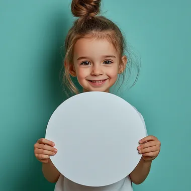 a five-year-old girl with a messy bun holds a big white paper circle in his hands in front of him and smiling, studio shot, mint background --s 250