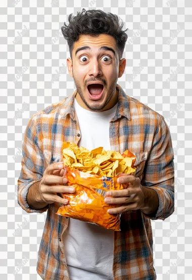 24 years old, surprised and happy latino man, holding bag of chips, full body, photograph detailed, white background