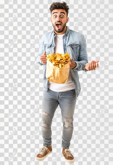 24 years old, surprised and happy latino man, holding bag of chips, full body, photograph detailed, white background