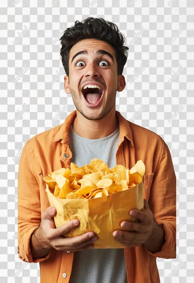 24 years old, surprised and happy latino man, holding bag of chips, full body, photograph detailed, white background